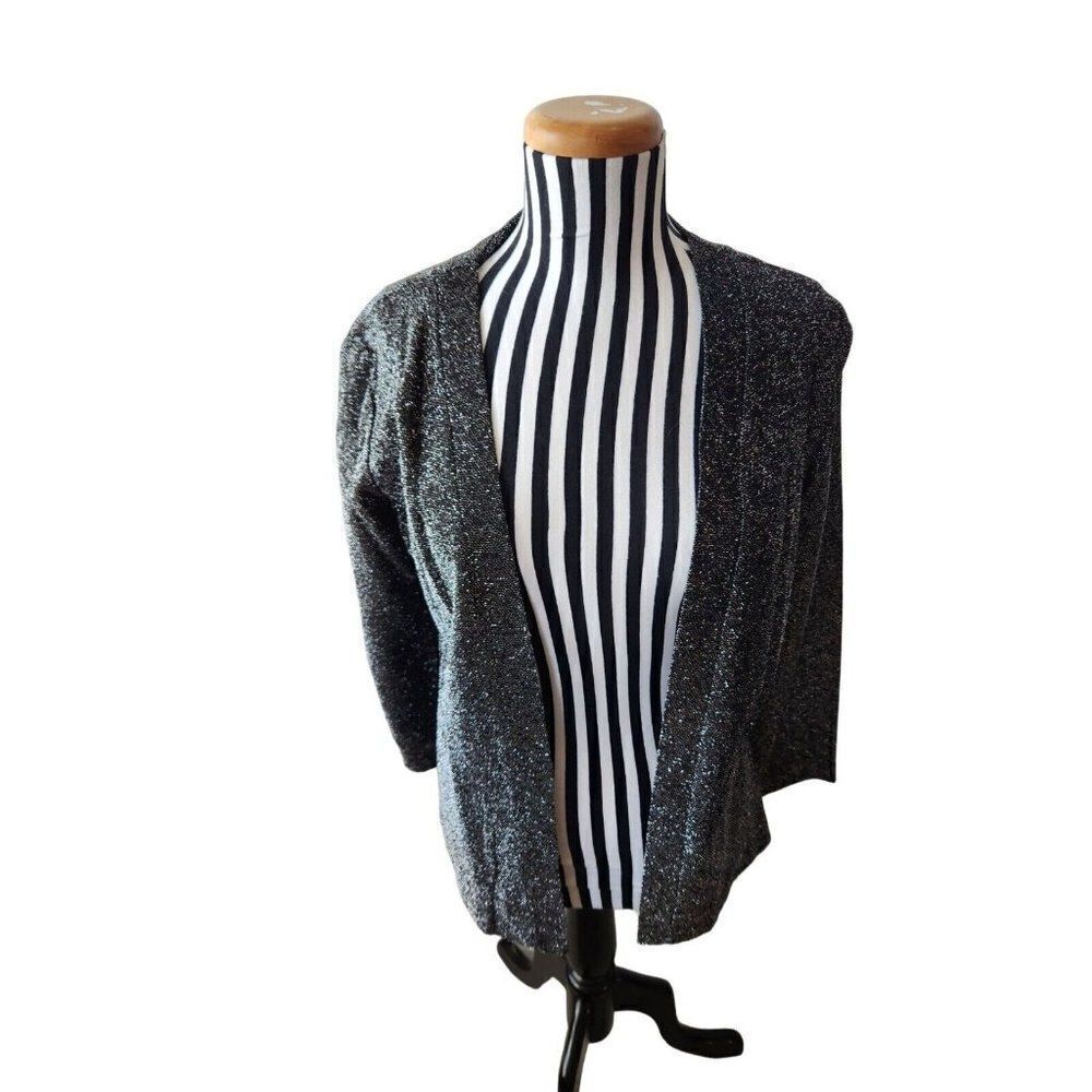 Vintage 80s Shimmer Silver Black Long Sleeve Open Cardigan Jacket M Metallic